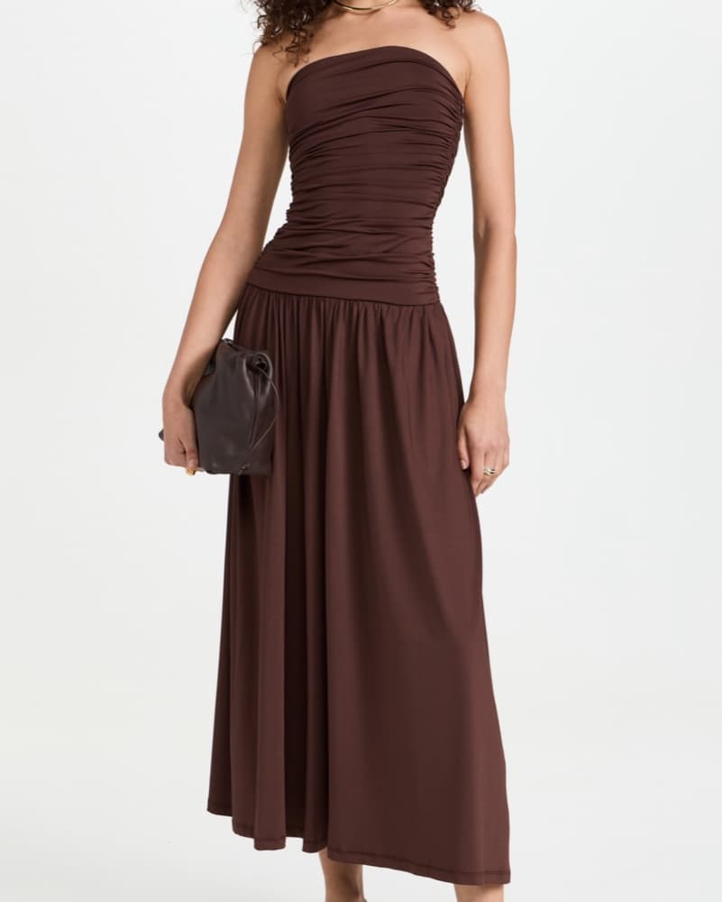 Elegant Brown Srapless Midi Dresst - Image 1