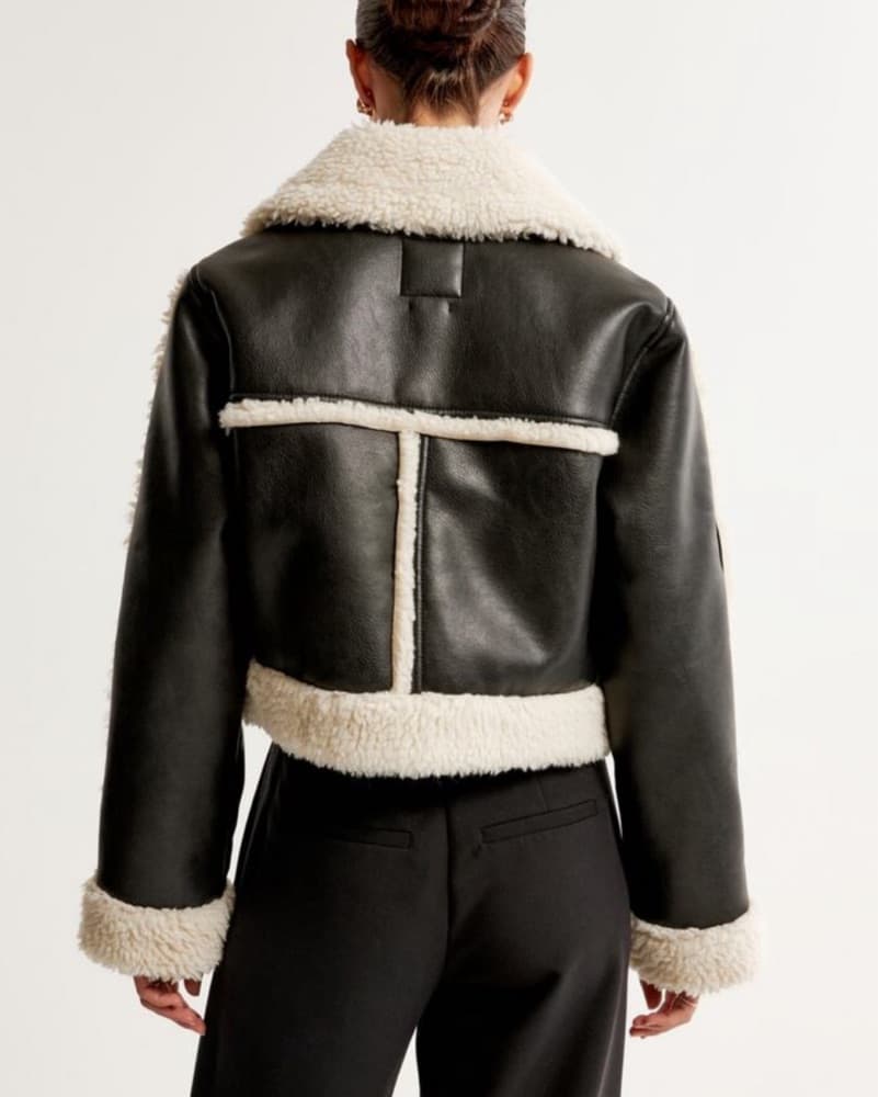 Faux Leather / Sherpa Trim Crop Jacket - Image 2