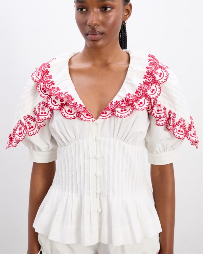 Embroidered Cherry Puff Sleeve Blouse - Image 1