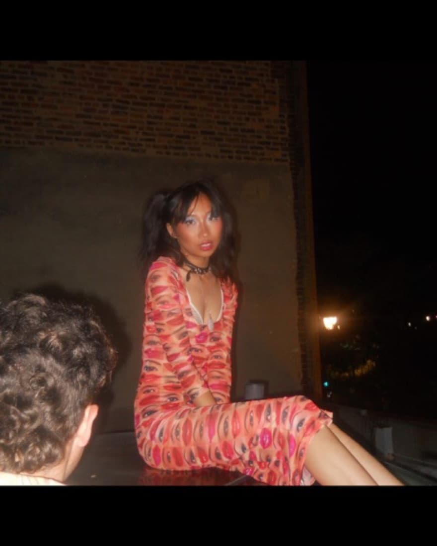 Red Maxi Sheer Lips And Eyes Print Dress - Image 4