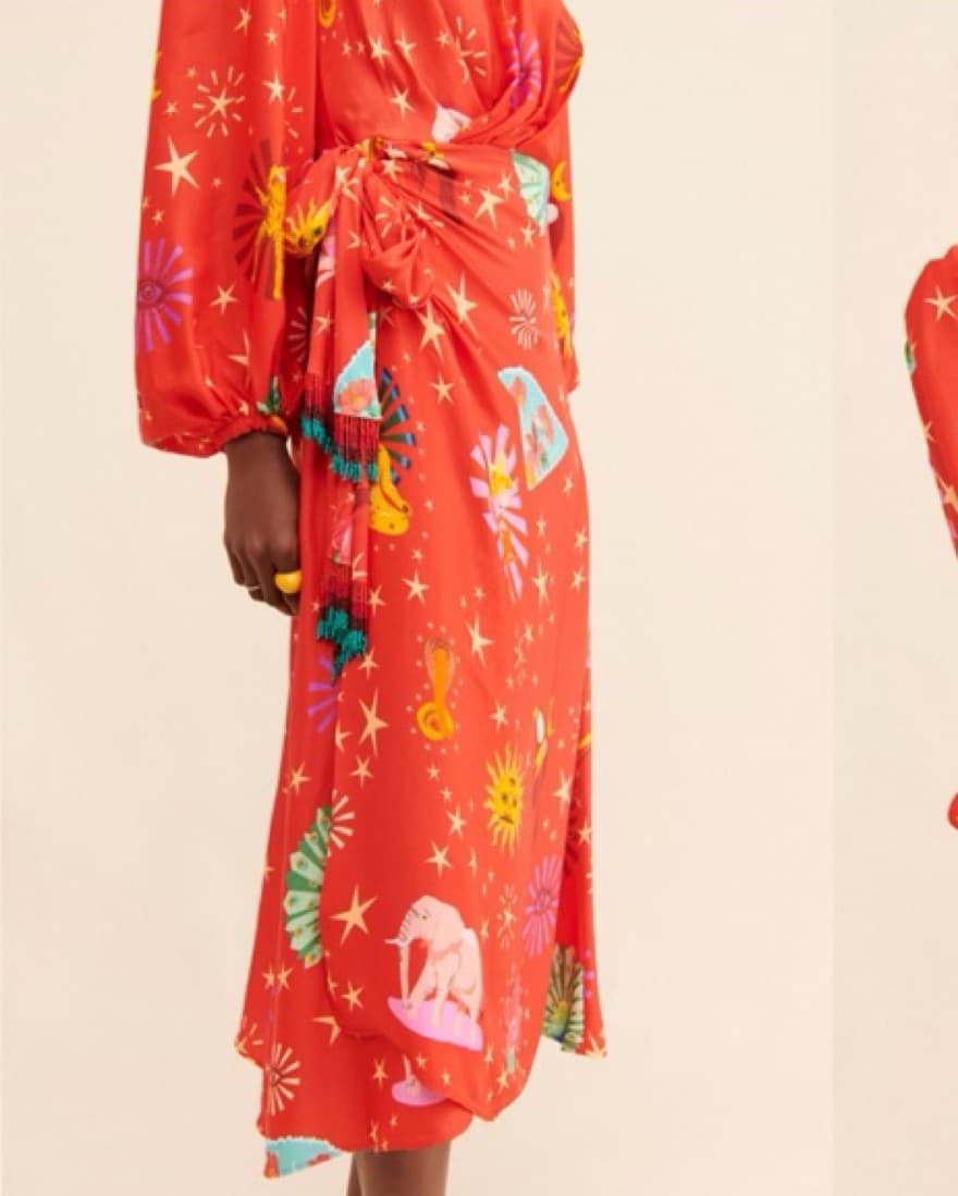 Farm Rio Lotus Star Wrap Red Dress - Image 2