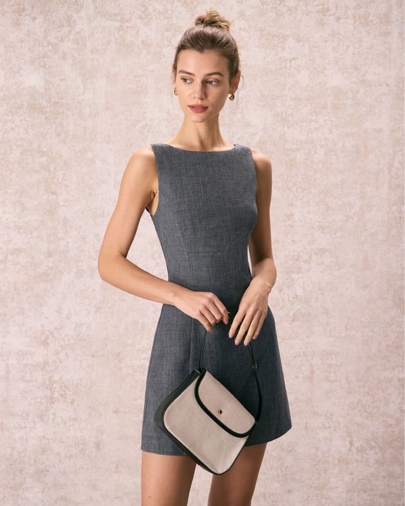 Grey Boat Neck Sleeveless Dress  - Image 1