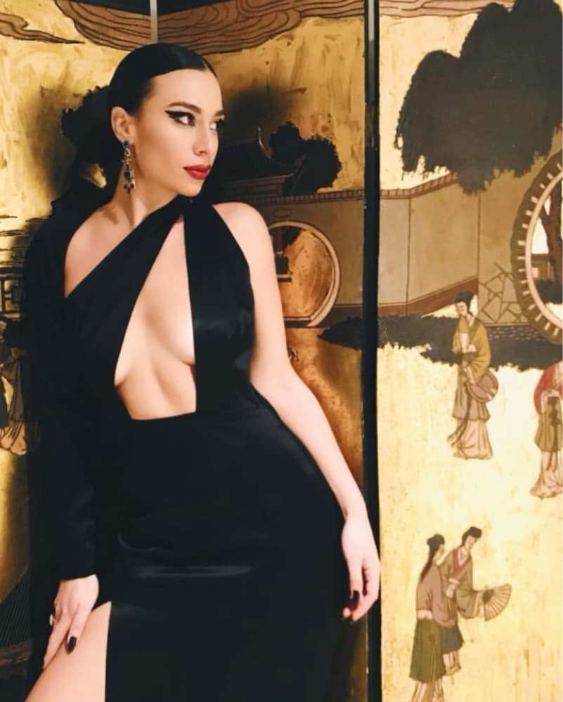 Black Satin Asymmetrical Cutout Gown - Image 1
