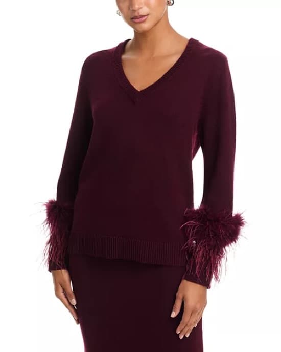 Luxurious Feather-Trimmed Burgundy Sweater Dress - Image 1