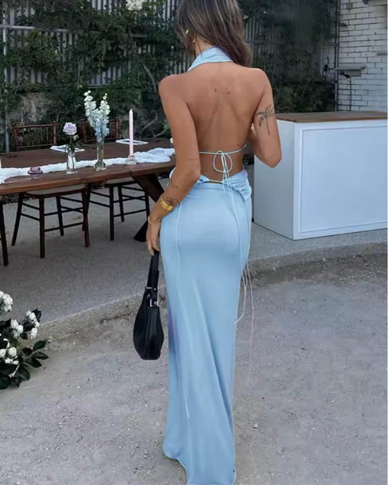 Blue Open Back Halter Deep V neck Dress - Image 4
