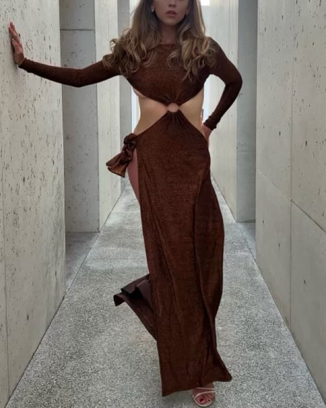 Backless Tie Cutout Brown Glitter Dress - Image 1