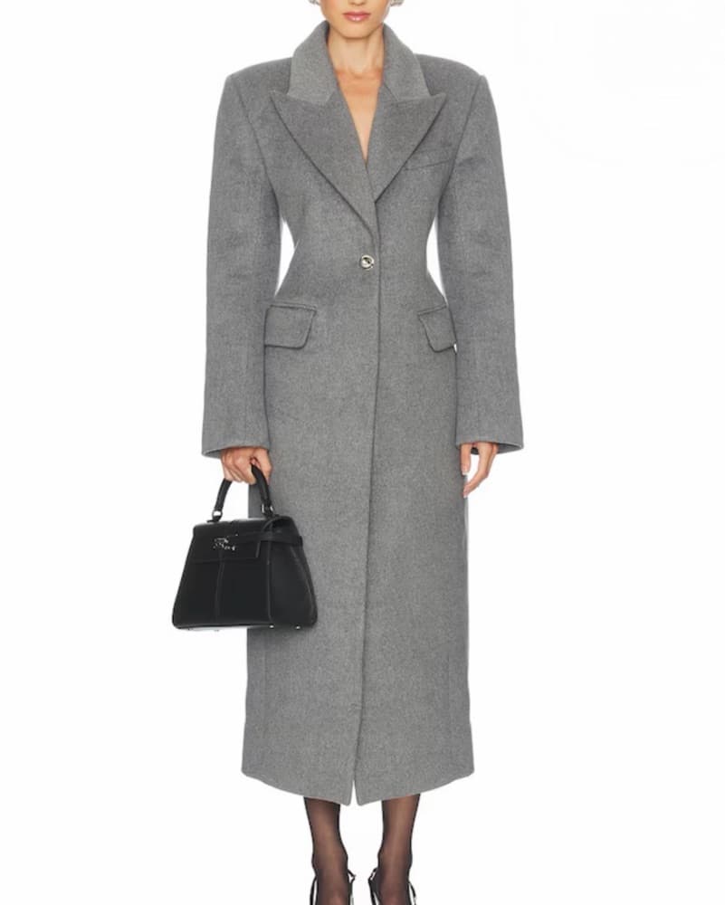 Cinched Waist Wool Coat In Grey  - Image 1