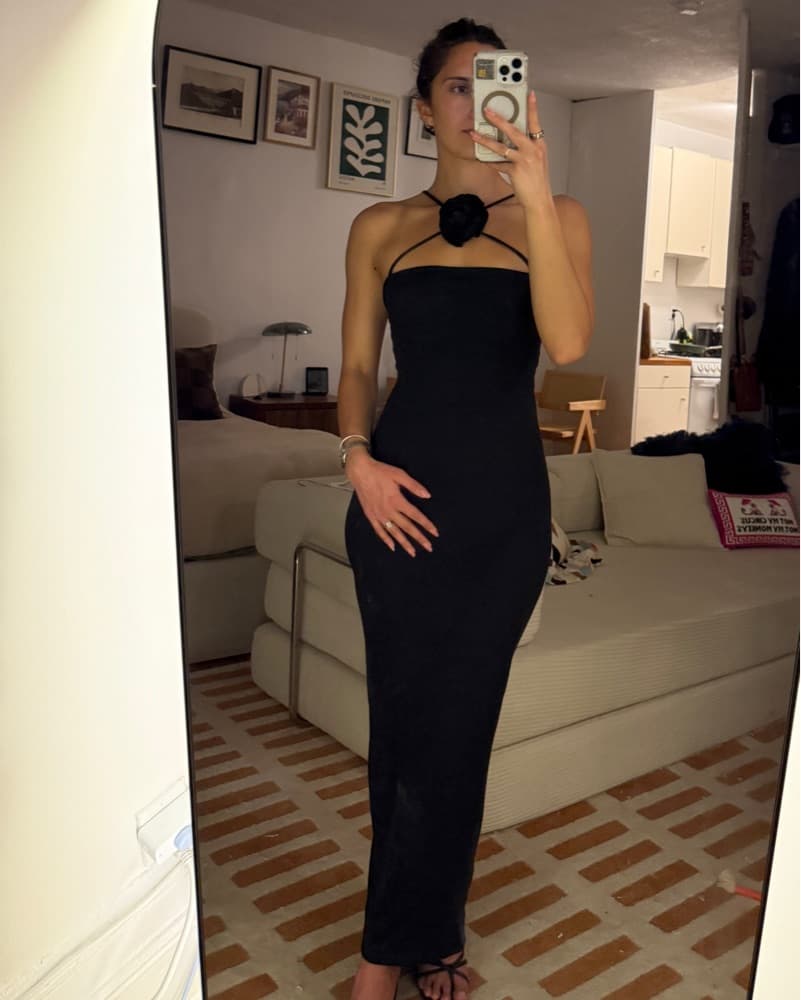 Black Maxi Dress with Flower Detail - Image 1