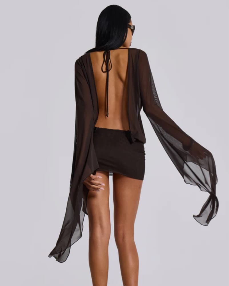JadedLondon Brown Plunge Mesh Mini Dress - Image 2