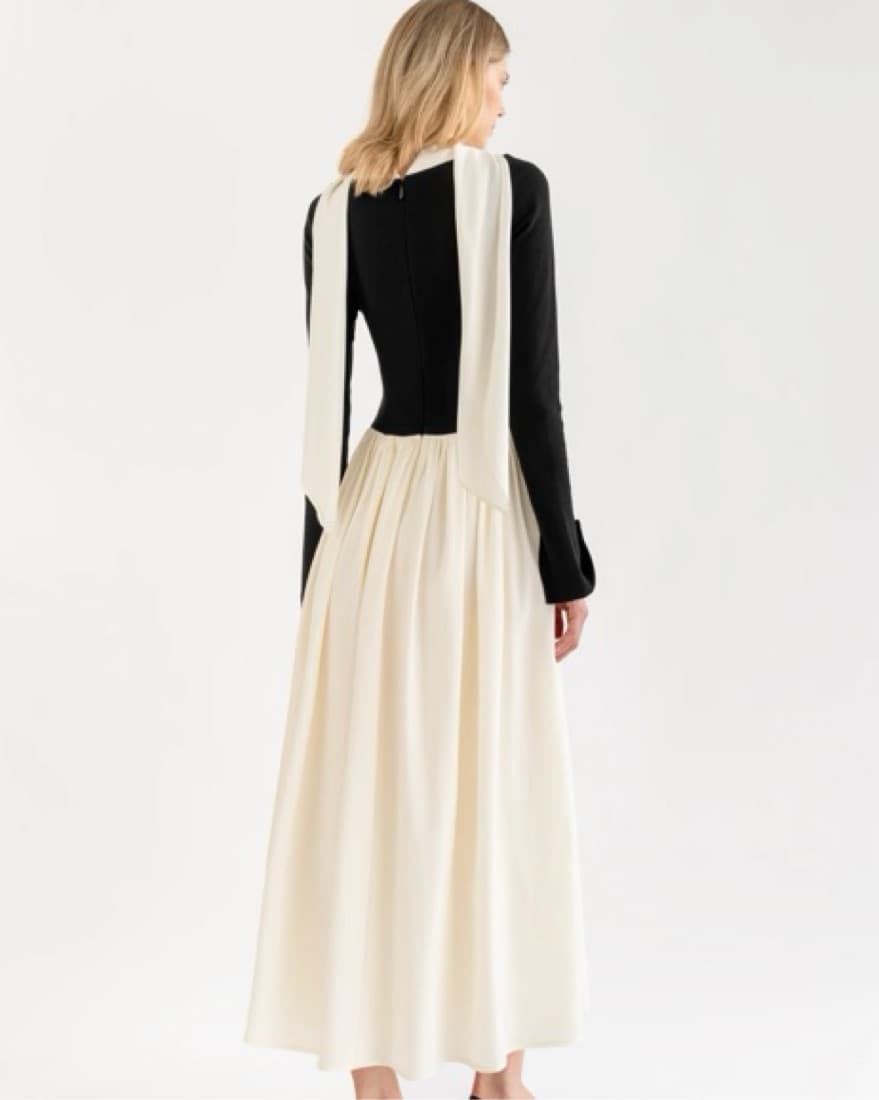 Elegant Drop Waist Midi Dress w Scarf - Image 3