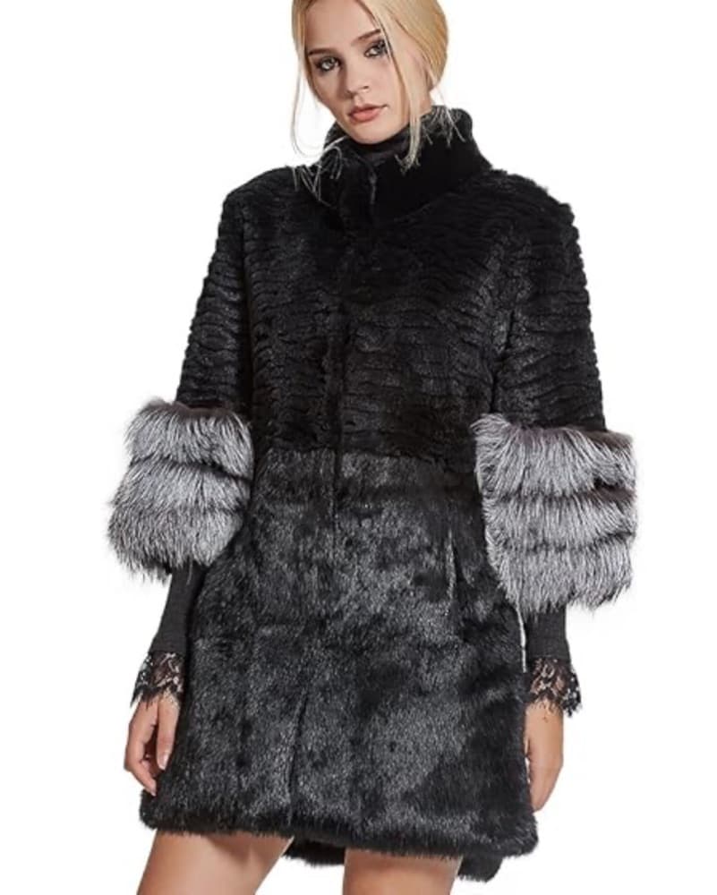 Black And Grey Rabbit And Fox Fur Coat - Image 1