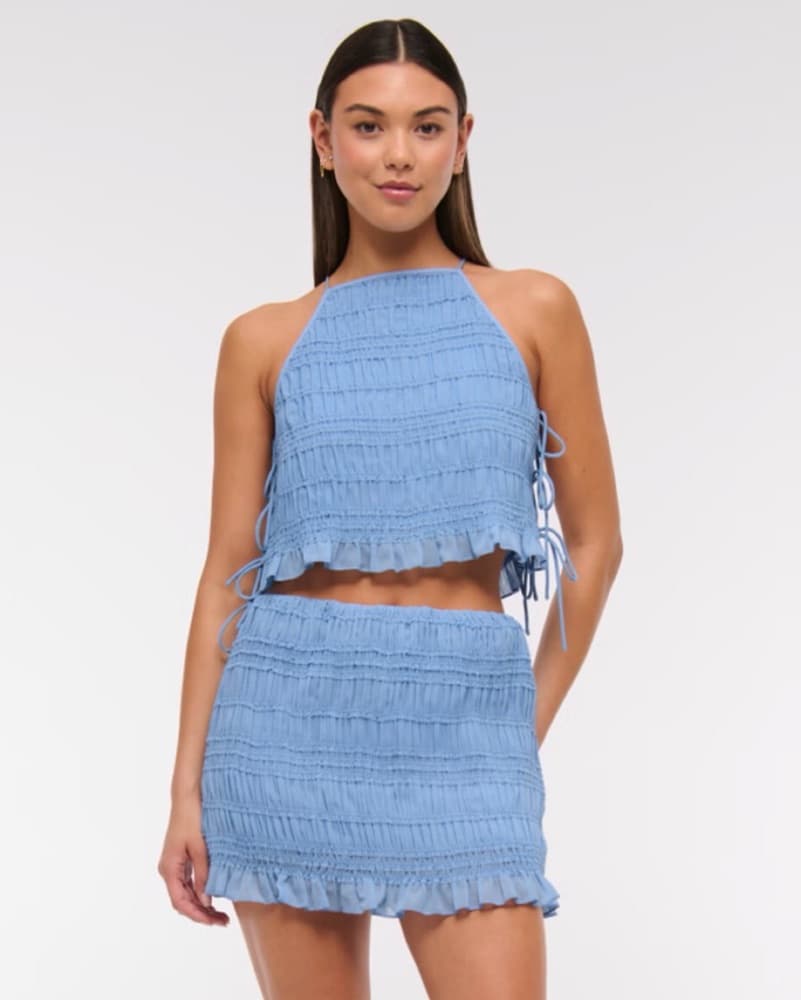 Shirred Blue Crop Top and Mini Skirt Set - Image 1