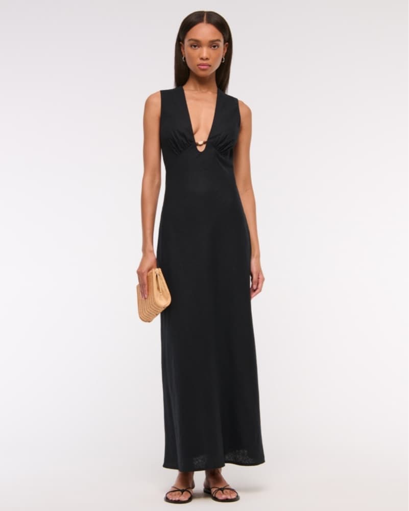 Black Beaded Plunge Linen Maxi Dress - Image 1