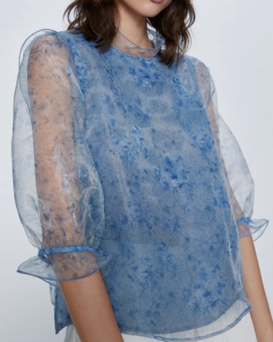 Sheer Back Blue Floral Silky Blouse - Image 5
