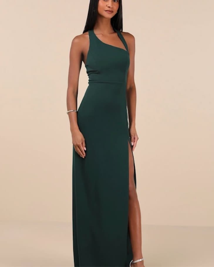 Elegant One-Shoulder Green Maxi Dress - Image 2
