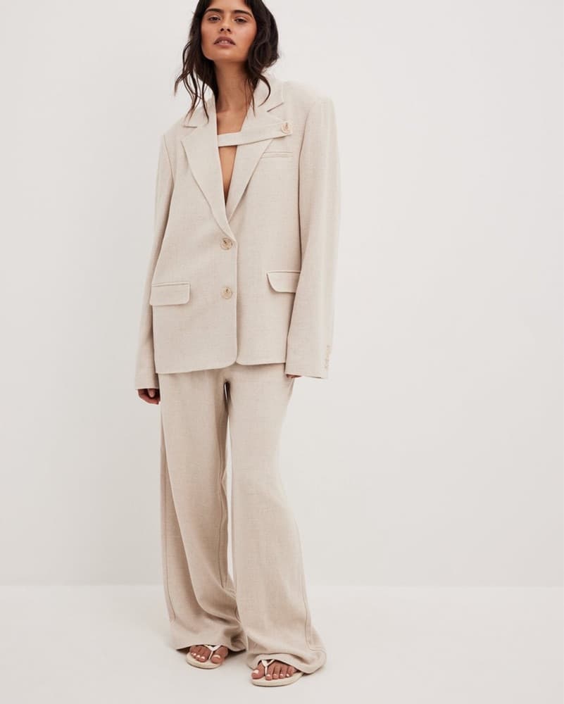 NA-KD Linen Beige Blazer Suit Pants Set - Image 1