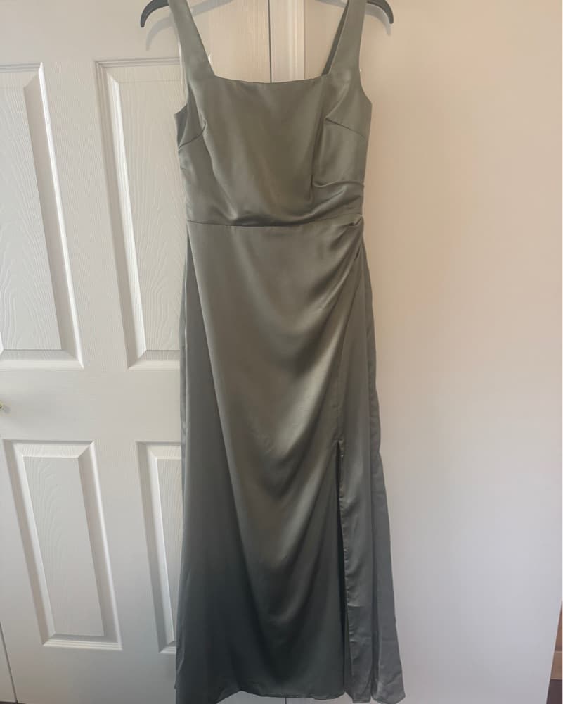 Olive Green Satin Bridesmaid Dress - Image 1