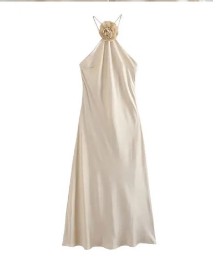 Halter Satin Midi Champagne Dress - Image 2
