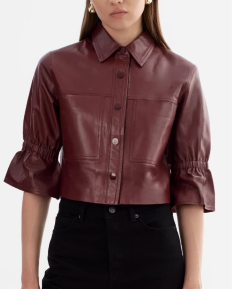 Burgundy Leather Jacket with Puff Sleeves - Image 2