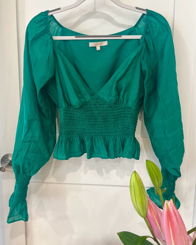 Emerald Green Puff Sleeve Smocked Top - Image 1