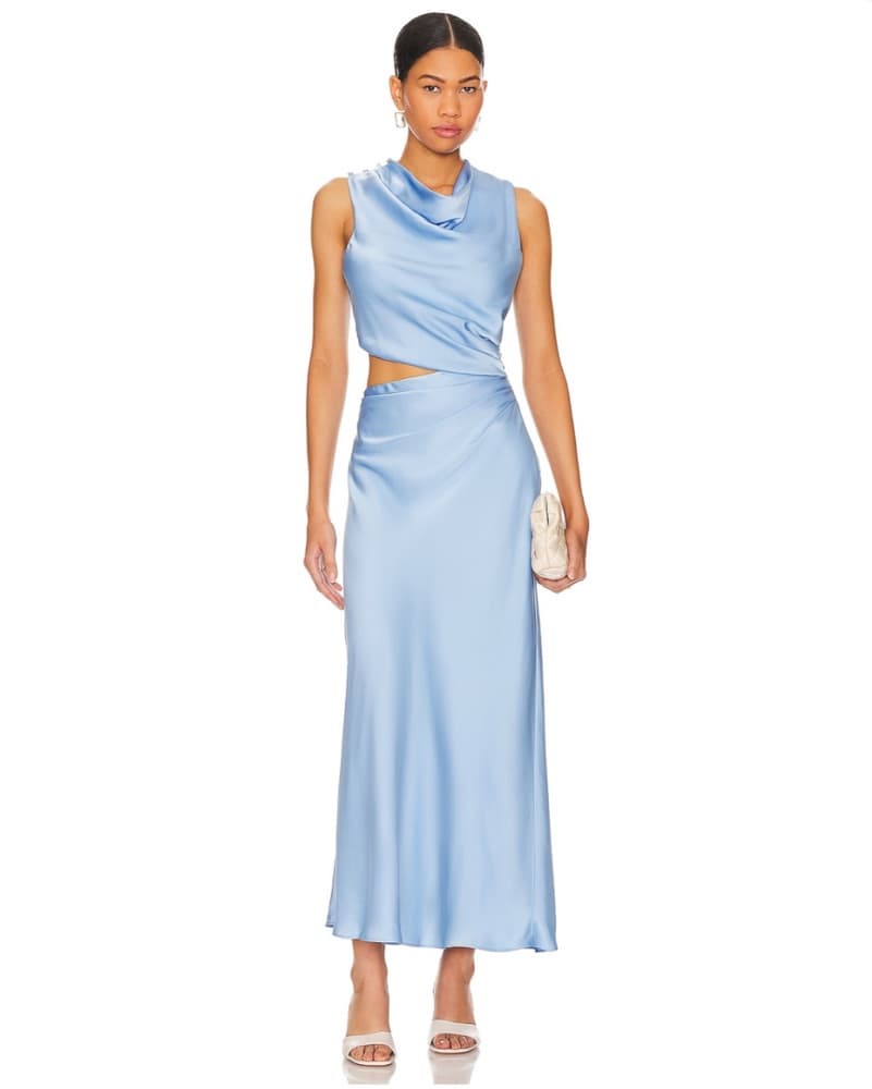 Misha Blue Draped Satin Midi Dress - Image 1