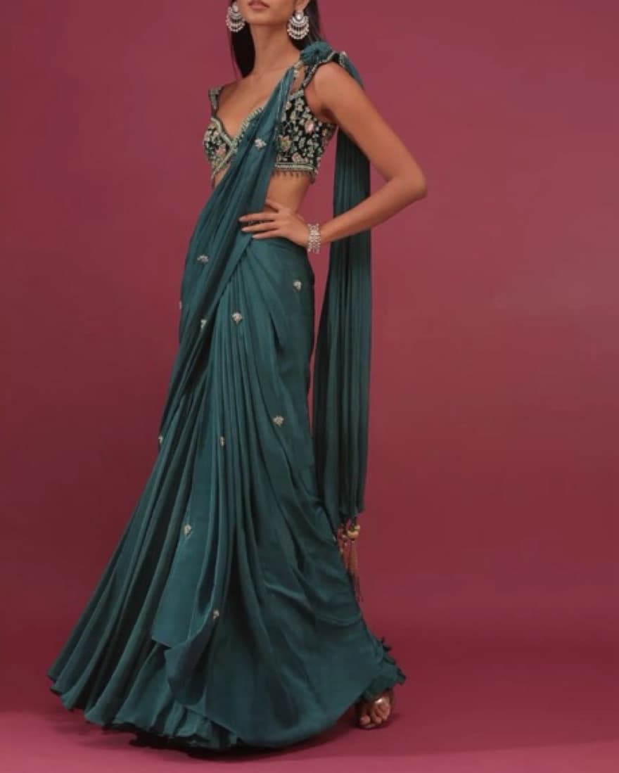 Kalki Emrald Green Pre Drape Saree - Image 1