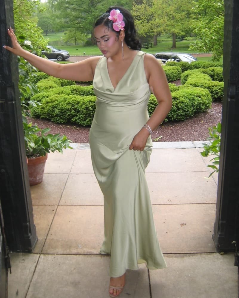 Light Olive Green Satin Cowl Neck Dress - Image 2