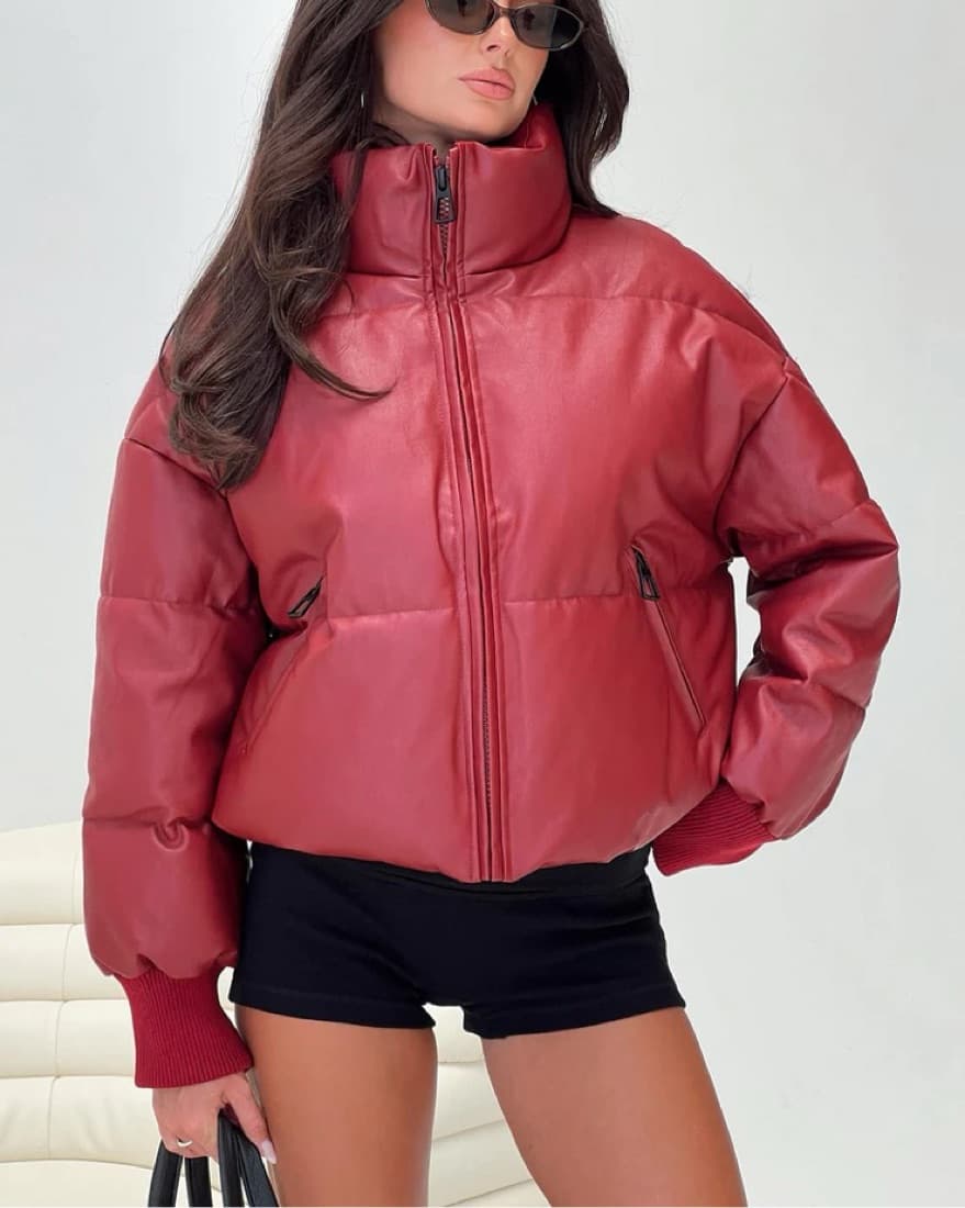 Chic Faux Leather Puffer Jacket in Red - Image 2
