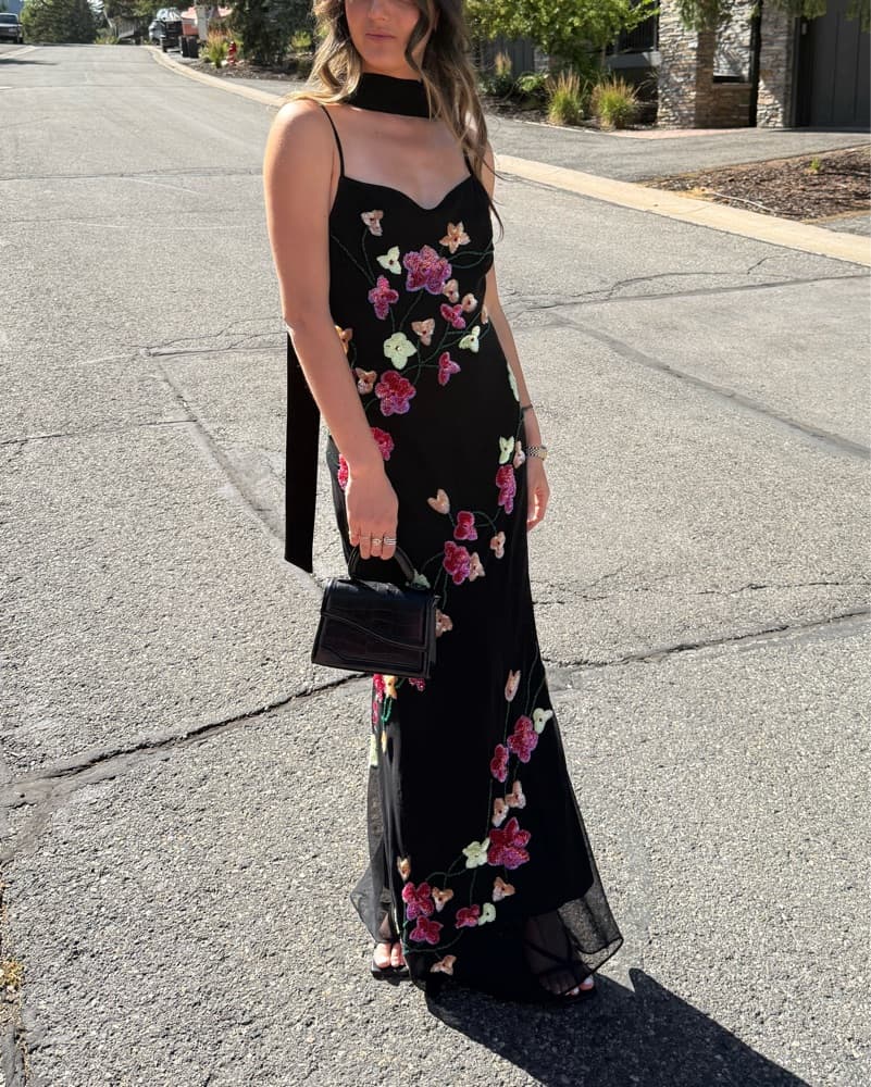 Vintage 90s Black Floral Sequin Dress - Image 2