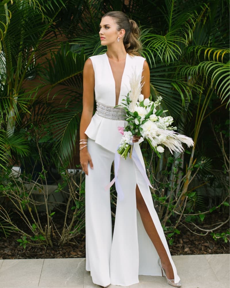 Elegant White Jumpsuit with Beaded Embellishments - Image 1
