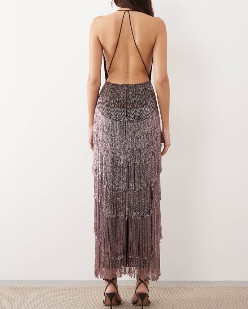 Stunning Fringe Embellished Halter Dress - Image 3