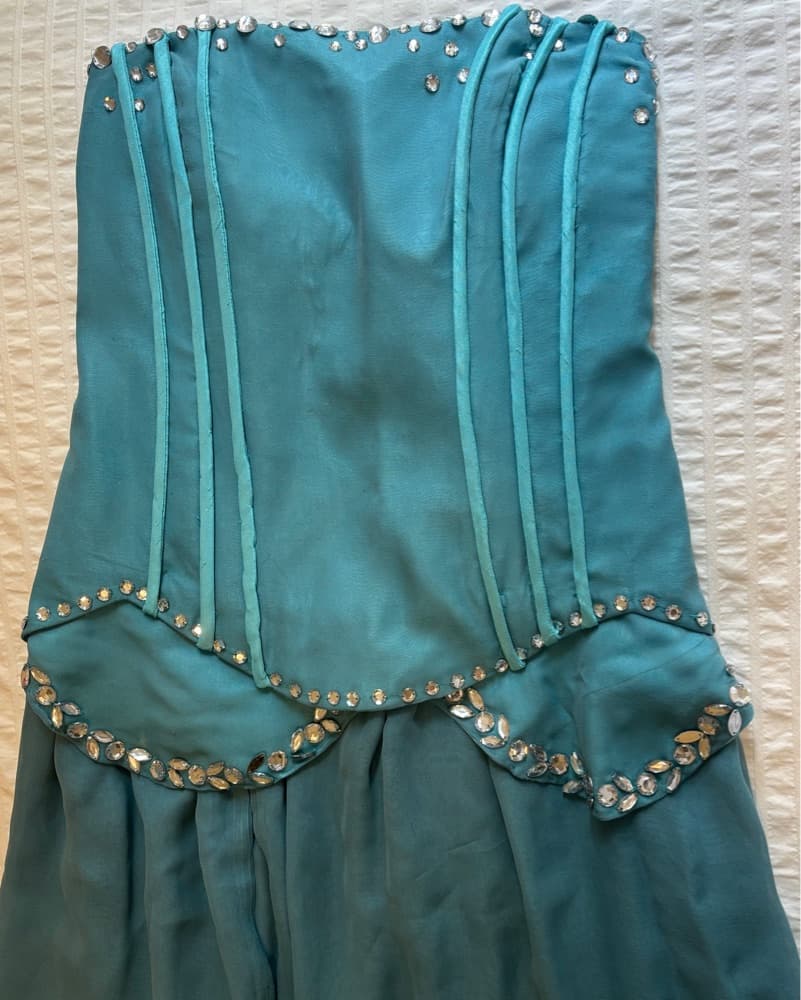 Flowy Teal Gown with Rhinestone Accents - Image 3