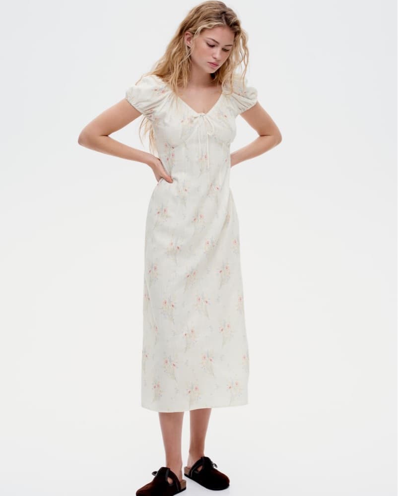 Cream and Floral Puff Sleeve Dress - Image 2