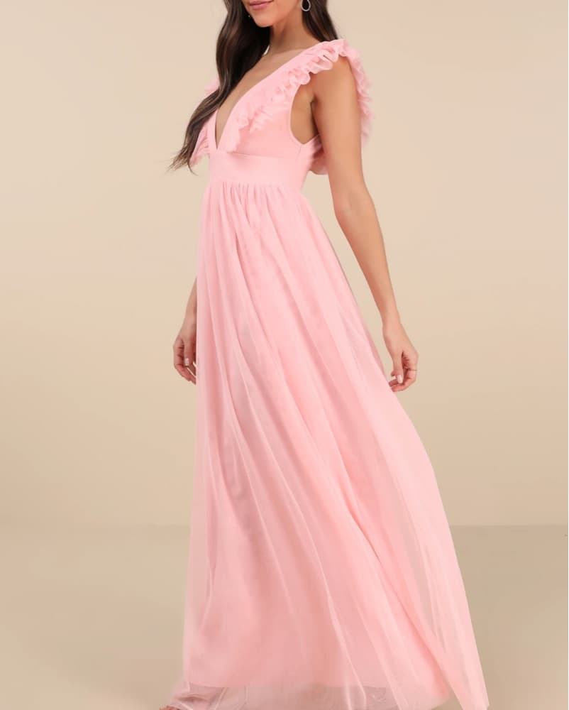 Light Pink Ruffled Dress With Deep V  - Image 3