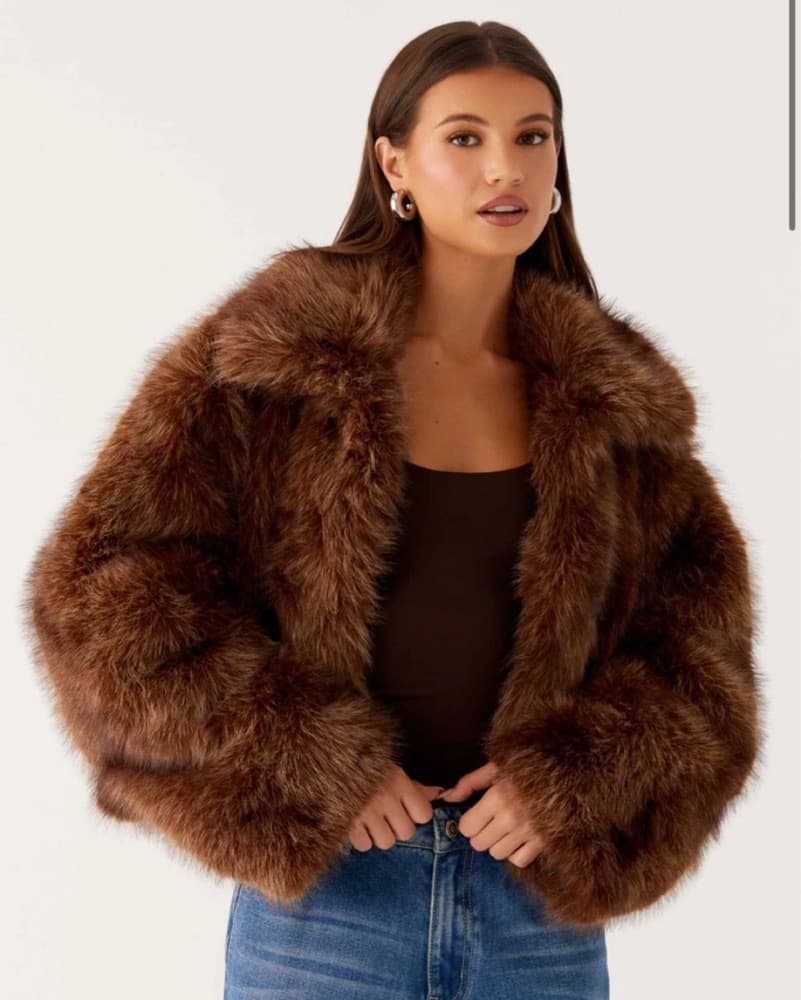 Peppermayo Cropped Brown Faux Fur Coat - Image 3