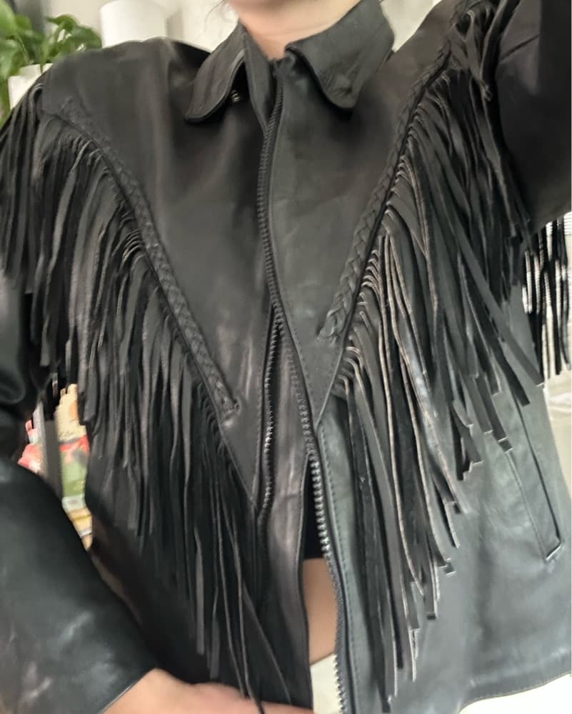 Leather Biker Jacket With Fringe L/XL - Image 1