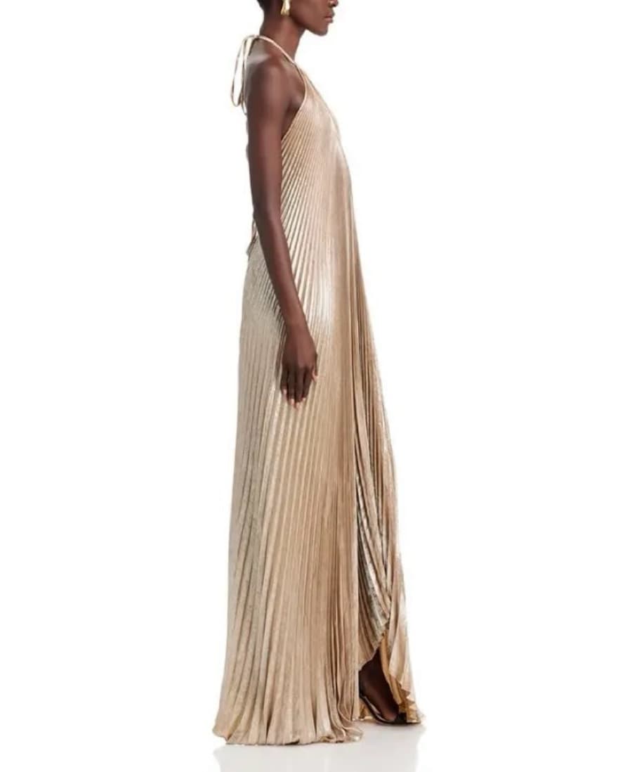 L’IDEE Gold Pleated Halter Gown - Image 5