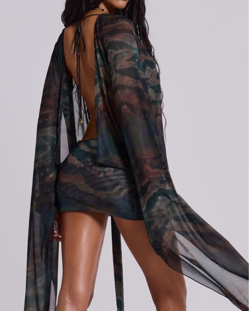 Aria Mesh Plunge Mini Dress in Labyrinth - Image 3