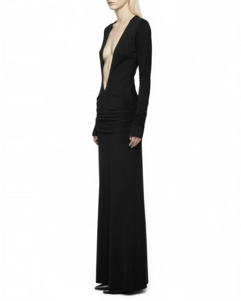 Netta Plunge Ruched Black Gown - Image 3