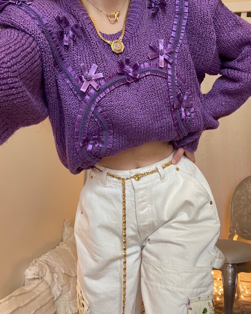 Vintage Purple Flower And Ribbon Sweater - Image 2