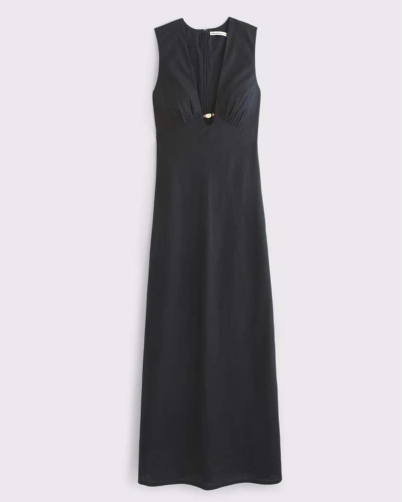 Black Beaded Plunge Linen Maxi Dress - Image 2