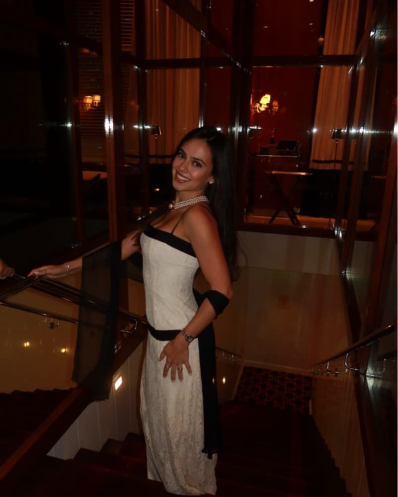 Elegant Lace Gown with Contrast Trim - Image 1