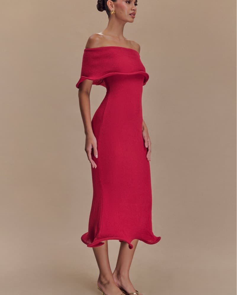 Stunning Red Off-Shoulder Midi Dress - Image 3