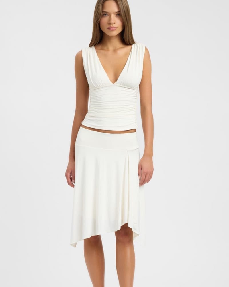 Elegant White Ruched Top and Skirt Set - Image 2