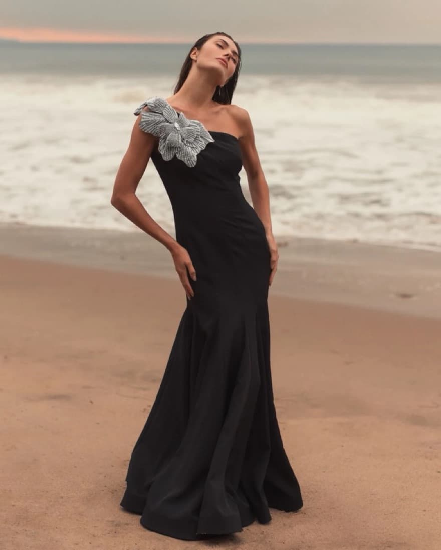 Black Crepe One Shoulder Gown W/Flower - Image 5