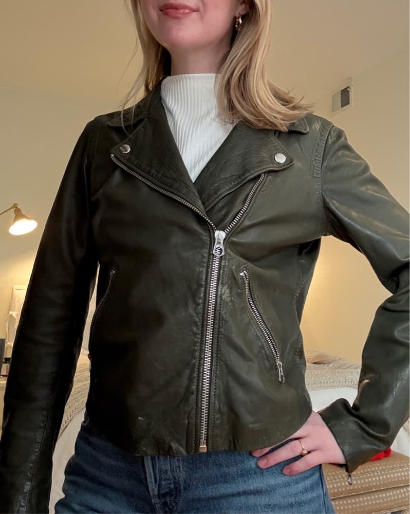 Olive Green 100% Leather Jacket St Pat's - Image 2