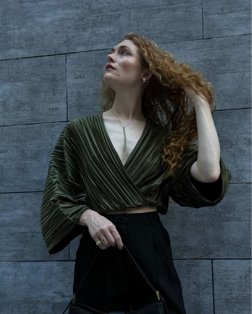 Pleated Olive Wrap Top - Image 6