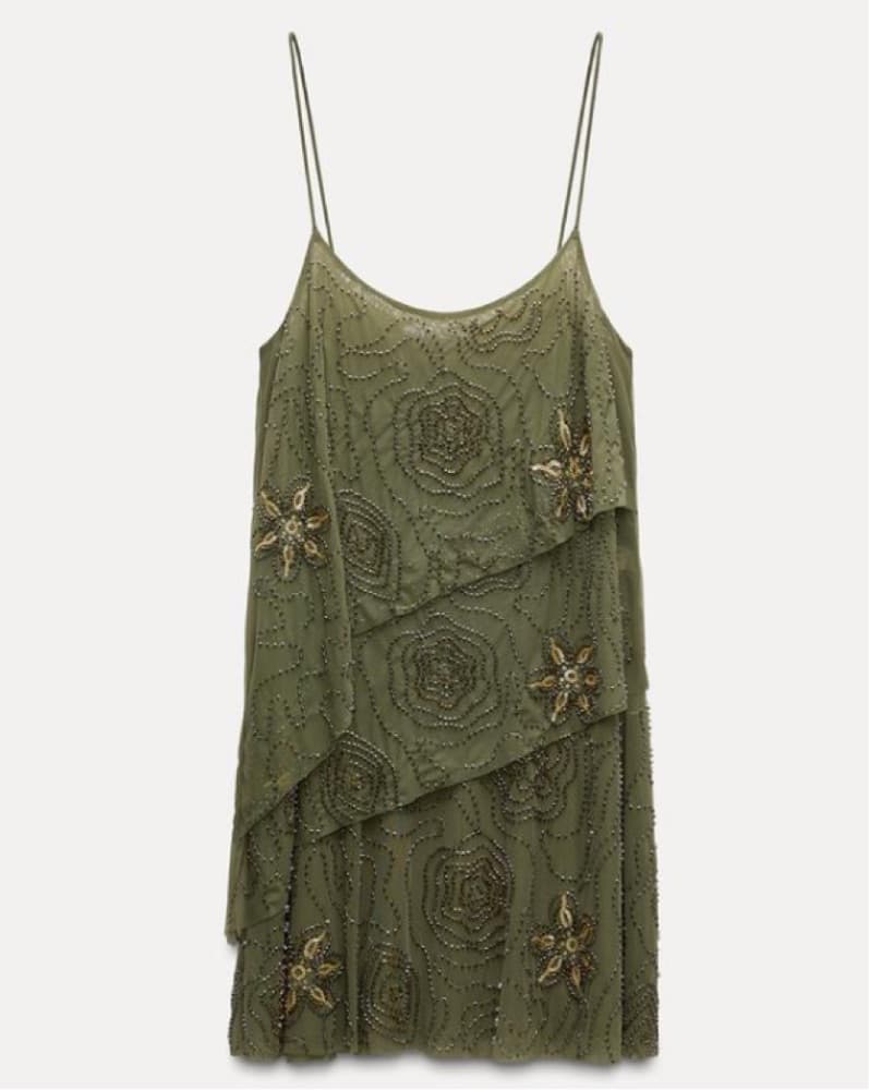Green & Gold Beaded Ruffle Mini Dress - Image 2