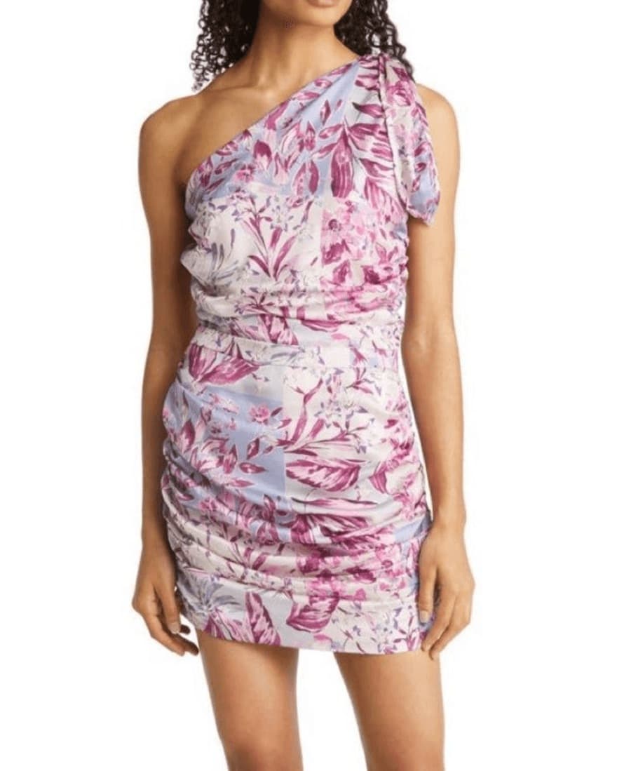 Floral Ruched One Shoulder Mini Dress - Image 1