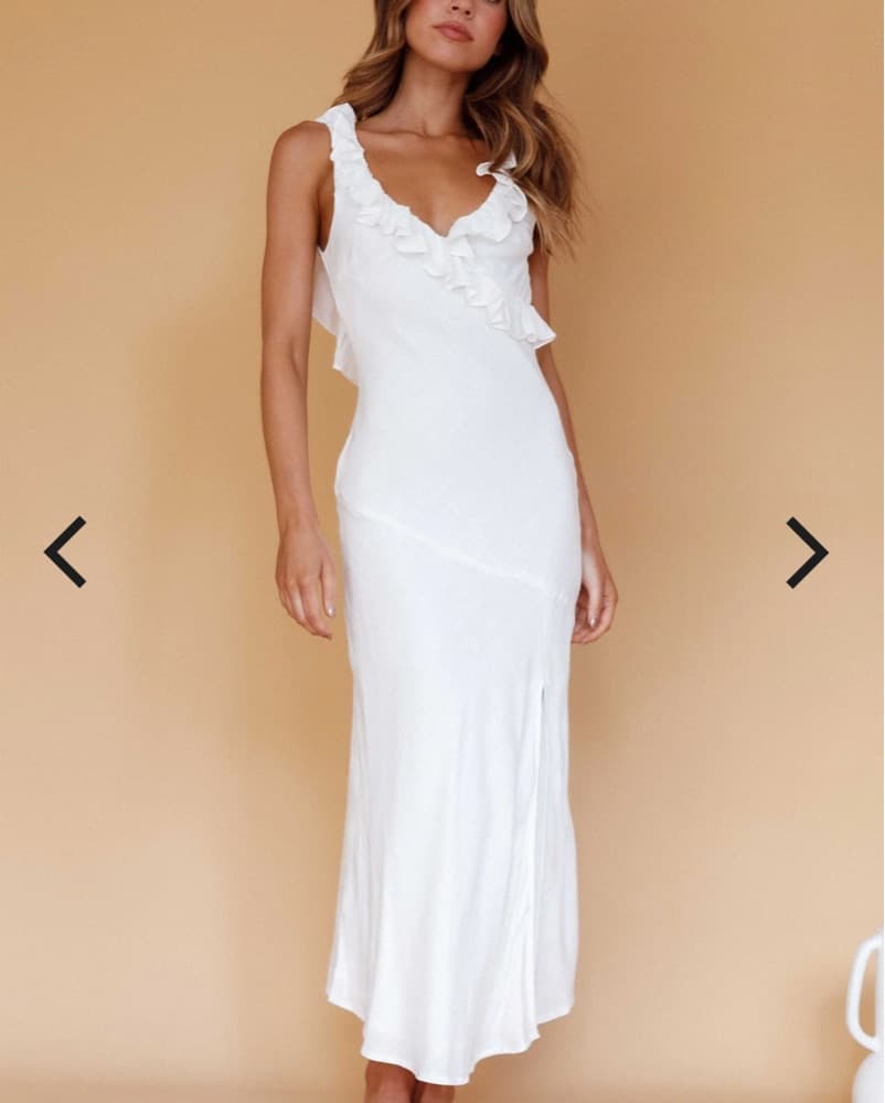 White Linen Ruffle Trim Midi Dress - Image 1